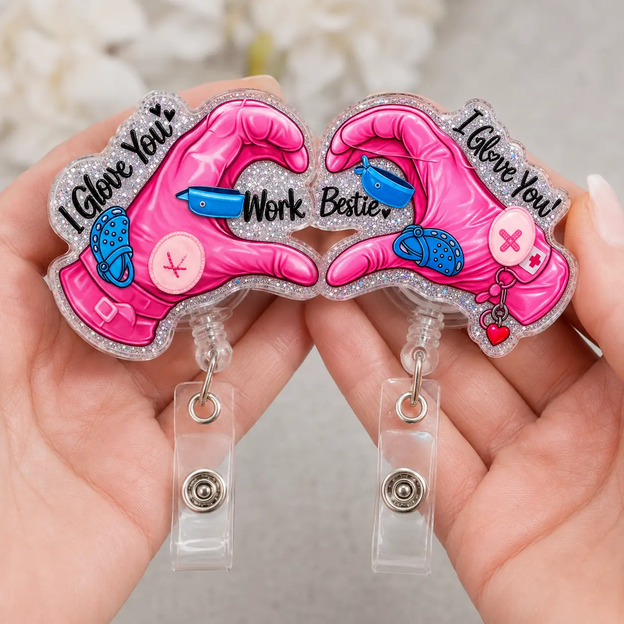 Badge Reel for Nurses and Healthcare Work Besties, Silver Glitter Acrylic Retractable ID Badge Holder with Pink Glove Heart and Medical Accent Design, Cute Work Accessory for CNAs Medical Assistants and Clinic Staff, 2, 3 Inch