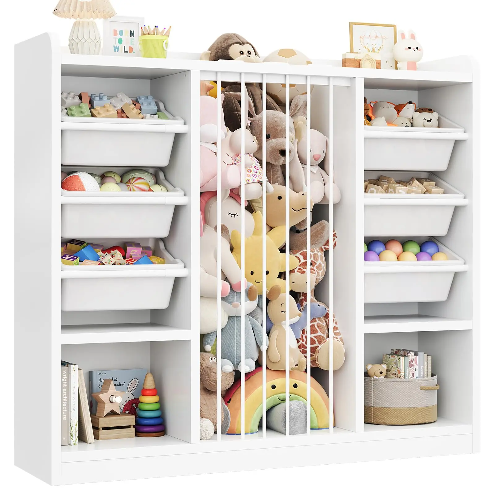 【SummerFinds】ONBRILL Durable Storage Toy Organizer - 6 Removable Plastic Bins, 2 Open Cubbies, Bookshelf for Toddler Room, Kids Room Nursery Playtime Organization