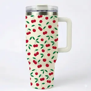 1pc 40oz Stainless Steel Insulated Mug Tumbler with Handle, Cute Cherry Print Thermal Cup with Lid and Straw, Keep Hot 12H/Cold 24H, Leak-Proof Vacuum Mug for Coffee, Travel, Office, Great Gift for Women, Friends, Cherry Lovers, Home Kitchen Essentials