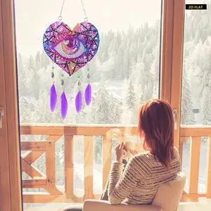 2D Flat Diamond Painting Set, Feather Wind Chime Theme Single-Sided Drill DIY Hanging Pendant Kit with Hook, Lightweight Hangable Wall Ornaments for Decorations, Unique Handicraft Gift