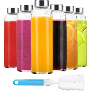 Clear Glass Bottles with Lids 18 oz, Reusable Glass Water Bottles with Stainless Steel Cap for Refrigerator, Juicing, 100% Leak Proof, BPA Free, Juice Bottle Drinking Jar Containers Set of 6