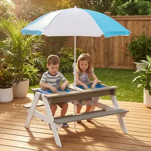 Wooden Kids Picnic Table, Sand and Water Table with Umbrella, Activity Table for Outdoor Backyard Patio Play