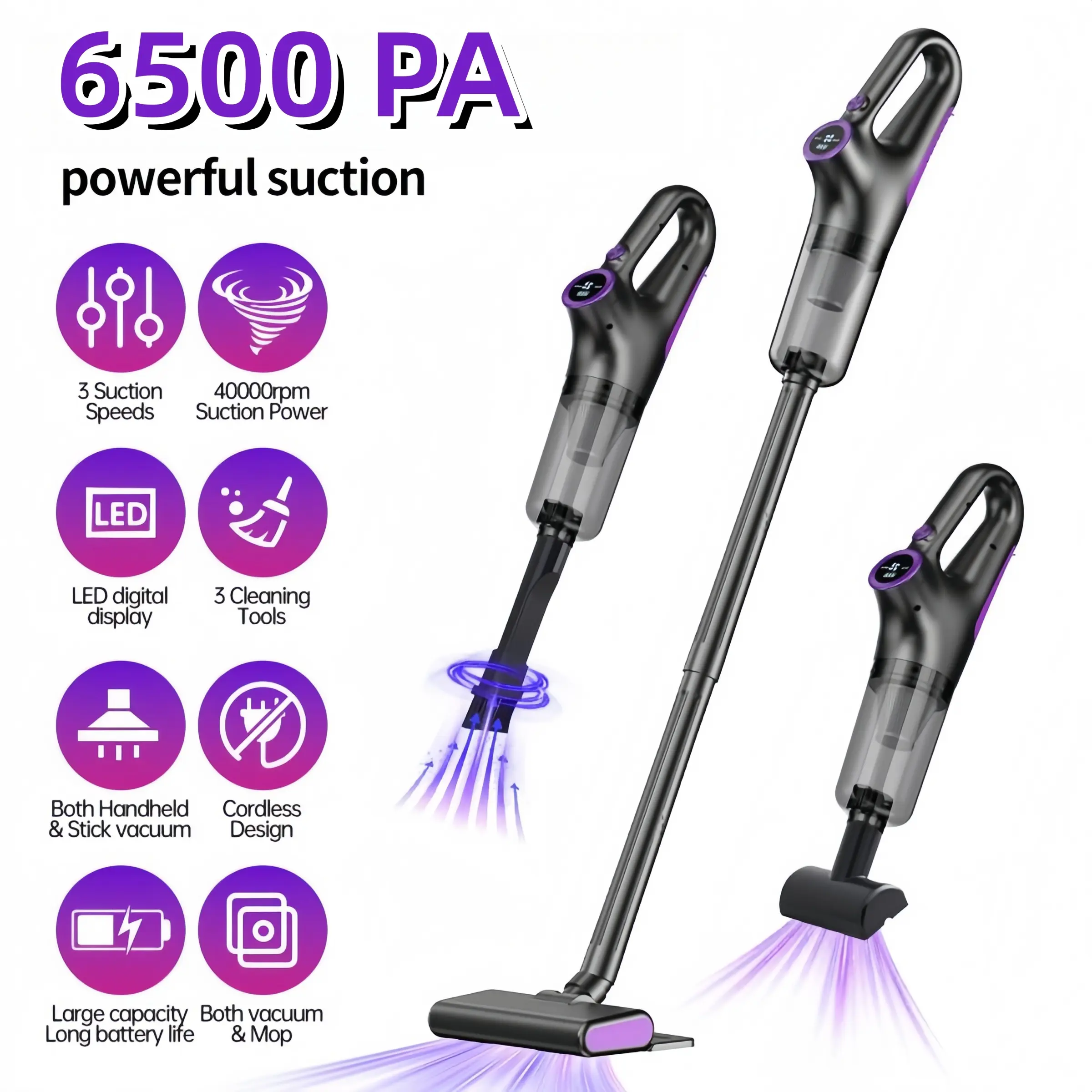 Wireless Vacuum Cleaner with 6.5kpa Strong Suction, Lightweight 3-In-1 and Handheld Design, LED Light for Easy Cleaning, Powerful Stick Vacuums, Cordless Handheld Vacuum, High Power Vacuum