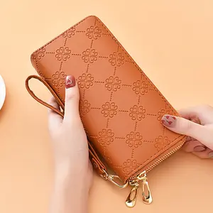 Women's Long Wallet European and American Shiny Leather Double Zipper Handbag Large Capacity Double-Layer Phone Bag with Matte Wrist Strap Money Clip