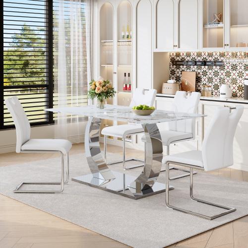 Bellemave  Marble patterned tempered glass dining chair set (gold decoration): 63 inch dining table+4 modern minimalist style dining chairs