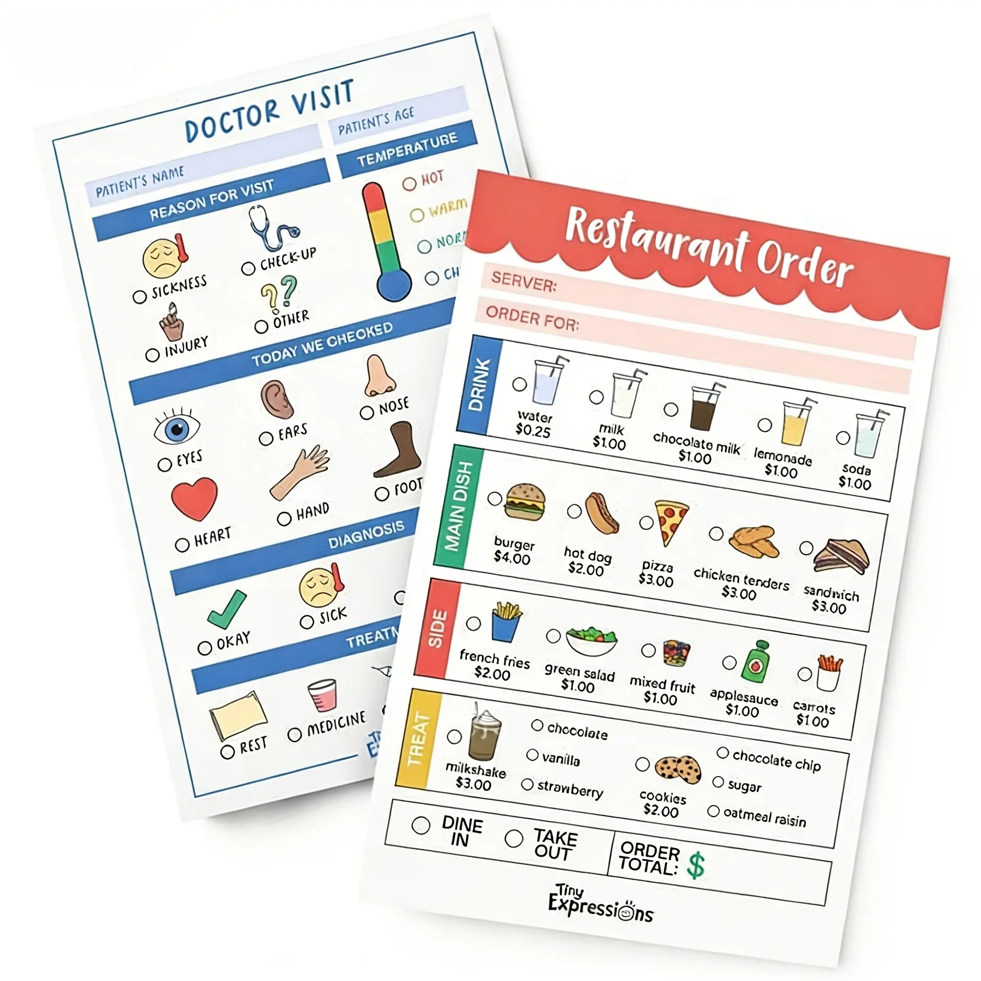 2-Pack Pretend Play Notepads, Restaurant & Doctor Themes, Nature & Cookie Shop Designs, Ideal for Role-Playing Fun, Perfect for Kids' Creative Activities, Paper Pads