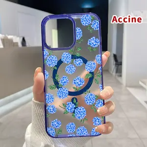 Blue Hydrangea Dream Pattern Magnetic Phone Case for iPhone 15 16 14 Pro Max 13 12 11 XR XS Plus E Clear Crystal Drop-proof Slim Silicone Shockproof Transparent Protective Cover Supports Wireless Charging