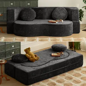 Convertible Sofa Bed with Pillow – Foldable Floor Futon Couch, High-Density Foam, Corduroy Fabric, No Assembly Required, Compressed in Box for Living Room or Small Apartment (Black)-79"W x 39.4"D x 13.8"H