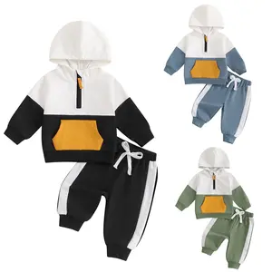 Infant Baby Boys Outfits Set Long Sleeve Hooded Half Zipper Sweatshirt Tops Elastic Waist Pants Fall Winter 2pcs Sweatsuit
