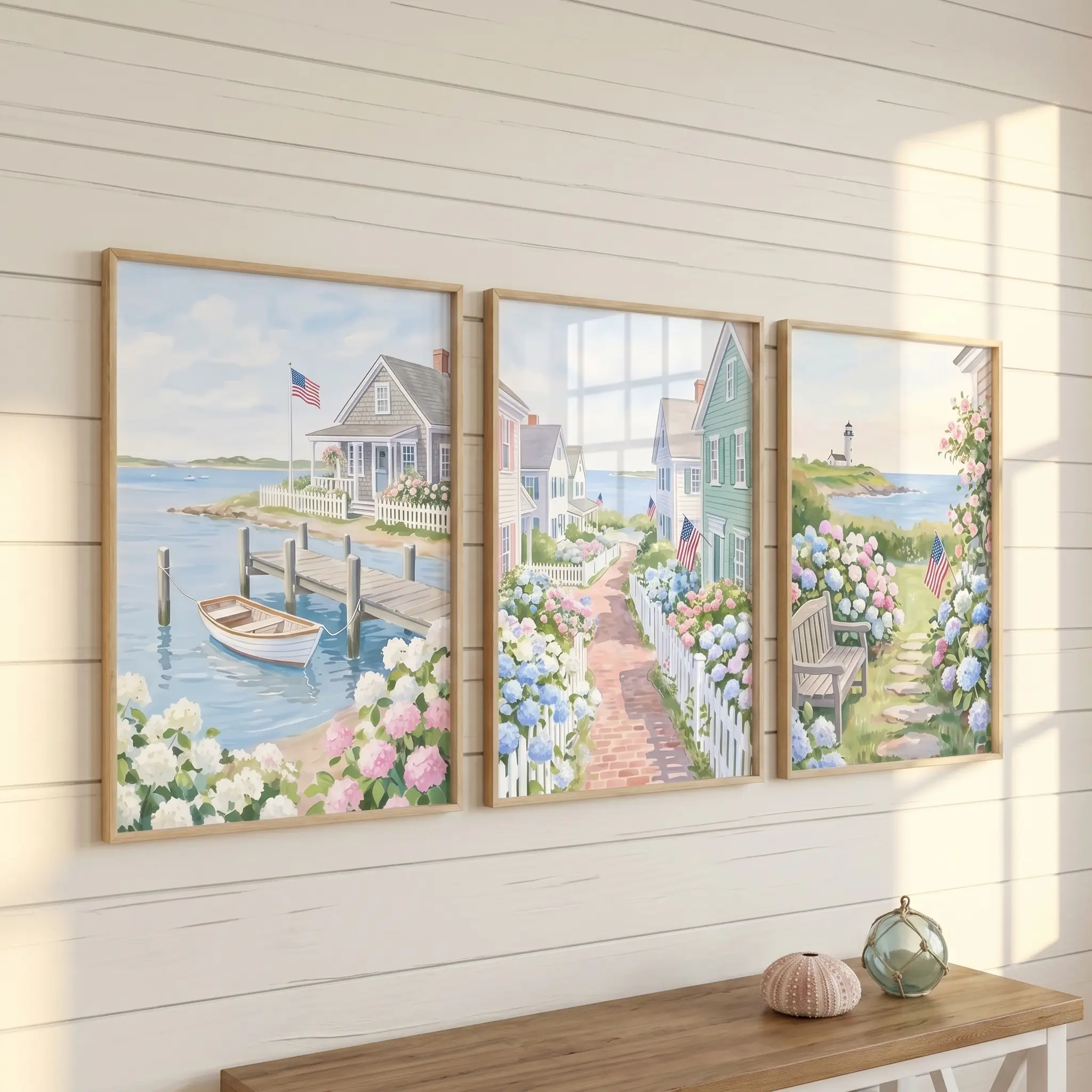 Set of 3 Coastal Hydrangea Wall Art Poster, Nantucket Summer Art Print, Beach House Americana Decor, Unframed Living Room Decor