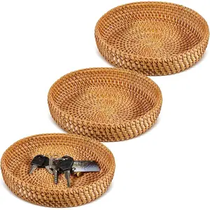 3 Pcs Small Round Keys Basket for Entryway Woven Bowl Basket Rattan Wicker Round Tray Organizing for Keys Wallet Cell Phone Tabletop Serving Fruit Food Holder Decorative Table Storage