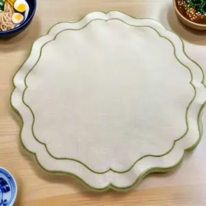 2pc Bamboo Linen Fabric & Lace Embroidery Placemats, Individual Table Plate Cloths, Kitchen Table Decoration Accessories