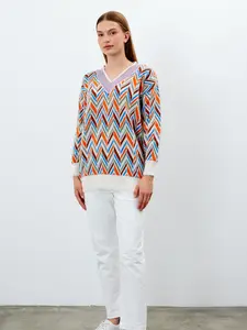 V Neck Oversized Sweater Stripe Patterned Black, Orange, and White Knit Sweater V Neck