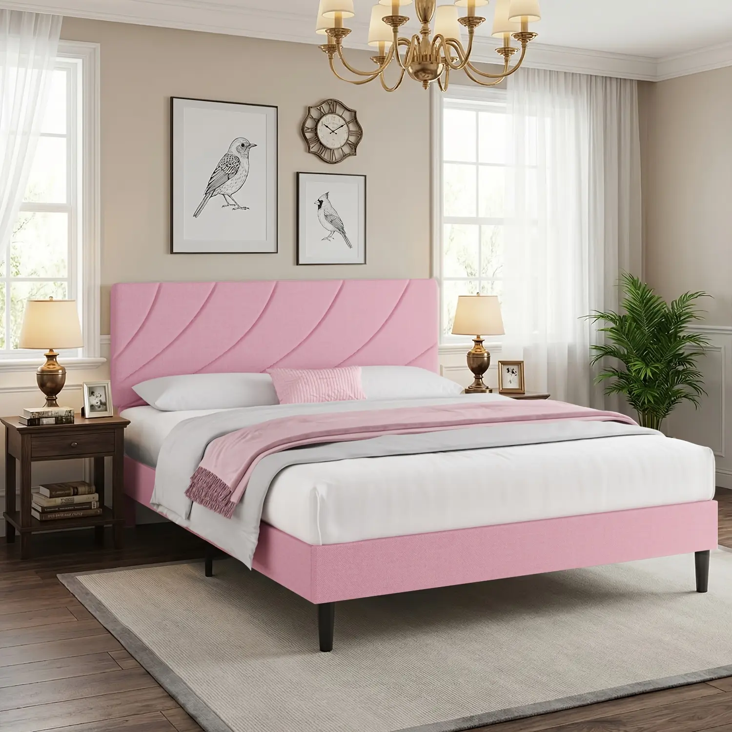 HOMBCK Spiral-shaped Headboard Design, Twin Full Queen Bed Frame, Bed Frame With Linen Fabric Upholstered Headboard And Wooden Slats Support, Adjustable Headboard 39.3-43.3, No Box Spring Needed, Noise-Free, Easy Assembly, Black, Pink, Blue, White