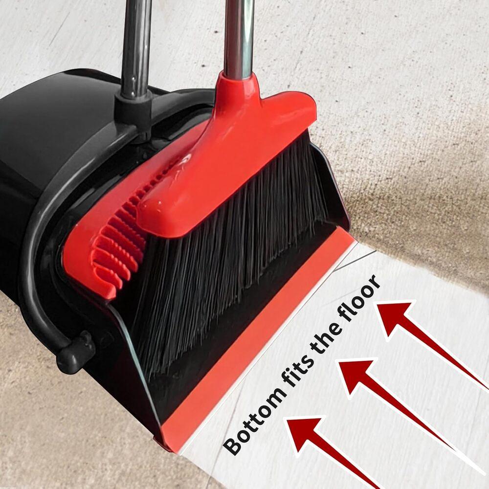 Black & Red Broom and Dustpan Set, Smooth Anti-Scratch Bristles, Hardwood Tile-Friendly, Durable Handle for Indoor Bedroom & Garage Floor Tidying