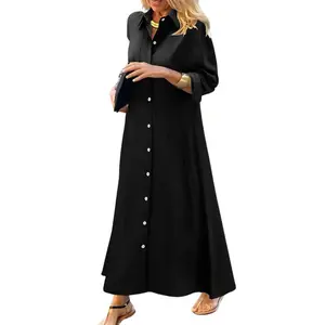 Chouyatou Women's Long Sleeve Loose Shirt Dress Casual Button Solid Color Maxi Dress with Pockets