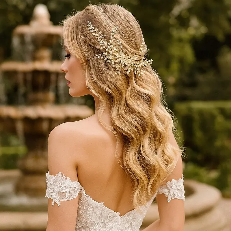 Romantic Gold Bridal Hair Comb with Ivory Flowers, Crystal  display picture 1