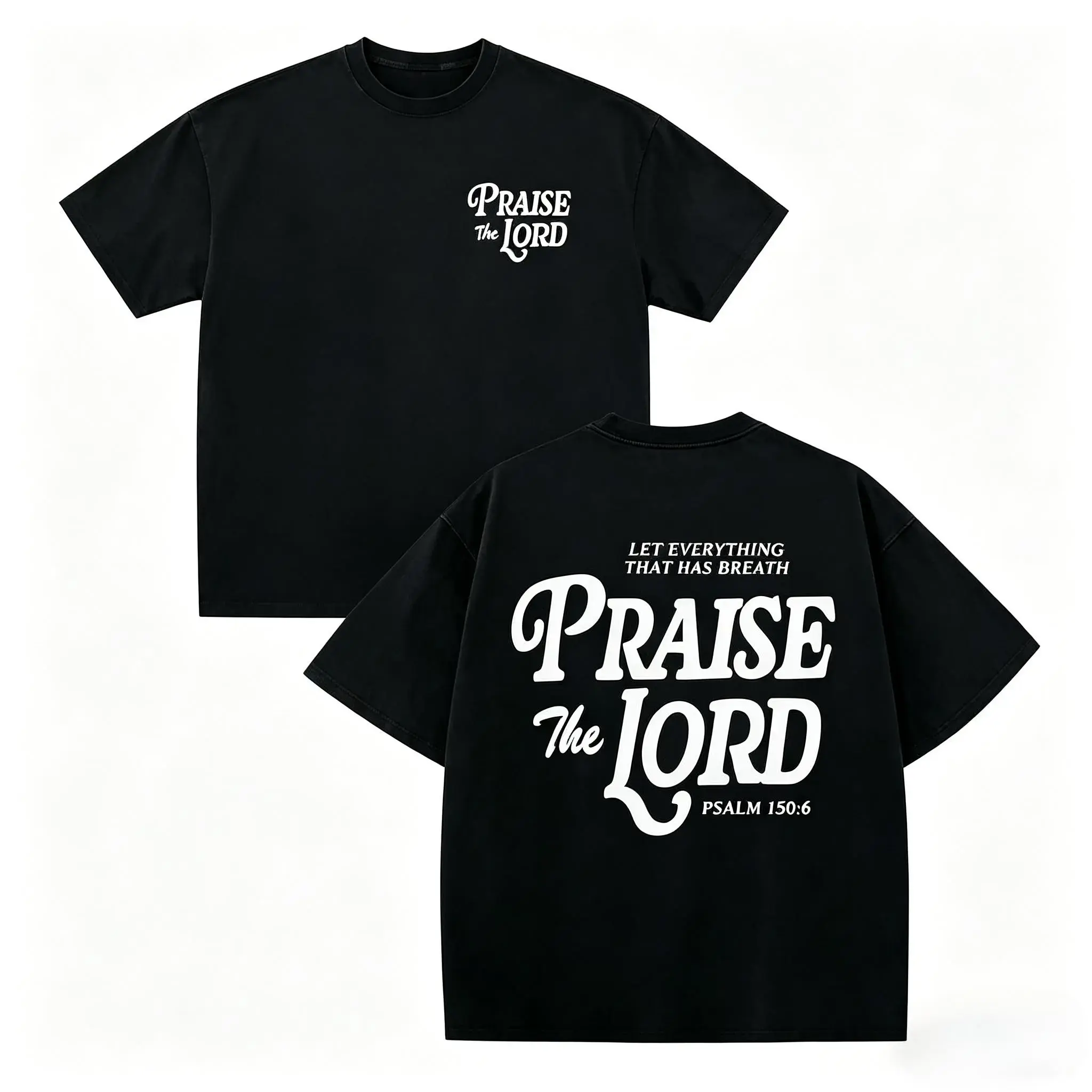 Retro-style, loose-fitting Christian T-shirt "Praise the Lord, Psalm 150:6", unisex casual T-shirt featuring religious scripture.