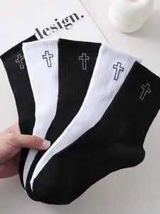 Men's 10 Pairs Cross Print Crew Socks, Soft & Comfortable, Breathable Fabric, Casual Style, All-Seasons Use, Ideal for Daily Wear, Casual Stylish Socks