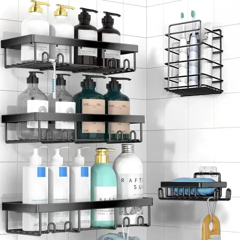 Jabukosu Matte Gold Stainless Steel Bath Accessory Kit - 5-Piece Set with 1-Piece Wall-Mounted Shelf Holder, No-Drill Waterproof Adhesive Organizer for Shampoo, Soap