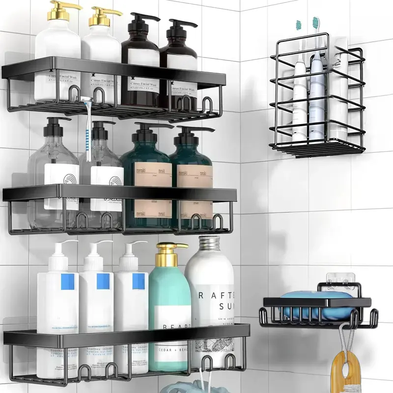 Jabukosu Matte Gold Stainless Steel Bath Accessory Kit - 5-Piece Set with 1-Piece Wall-Mounted Shelf Holder, No-Drill Waterproof Adhesive Organizer for Shampoo, Soap