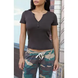 John Galt Women's Brown Henley Short Sleeve Top