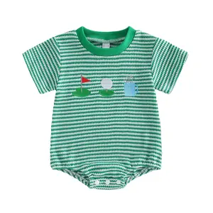 Babamoon Infant Baby Boy Summer Romper Golf Themed Embroidery Striped Short Sleeve Round Neck Jumpsuit Bodysuit 0-18 Months