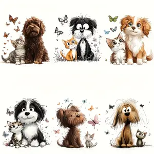 6-Piece Animal Friendship Iron-On Decorative Stickers, Vibrant Cartoon Dog & Cat Designs, Durable Plastic Material, Ideal for Clothes
