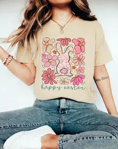 Happy Easter Bunny T-shirt, Retro Comfort Easter Shirt, Floral Easter Rabbit Sweatshirt, Cute Easter Gift, Woman's Easter Outfit