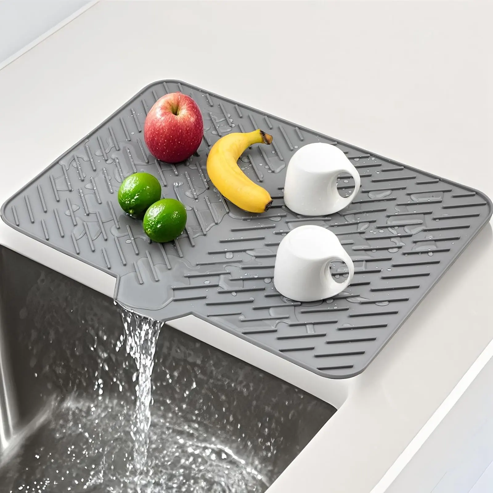 “23x17 inch ”Silicone Dish Drying Mat with Built-in Drain Lip Hygienic Drying Pad, Space-Saving Daily Tray with Drainage Hole, Sturdy Compact Easy-to-Clean Surface Protector to Prevent Water Build-Up,dorm room inspo,college dorm essentials,dorm haul