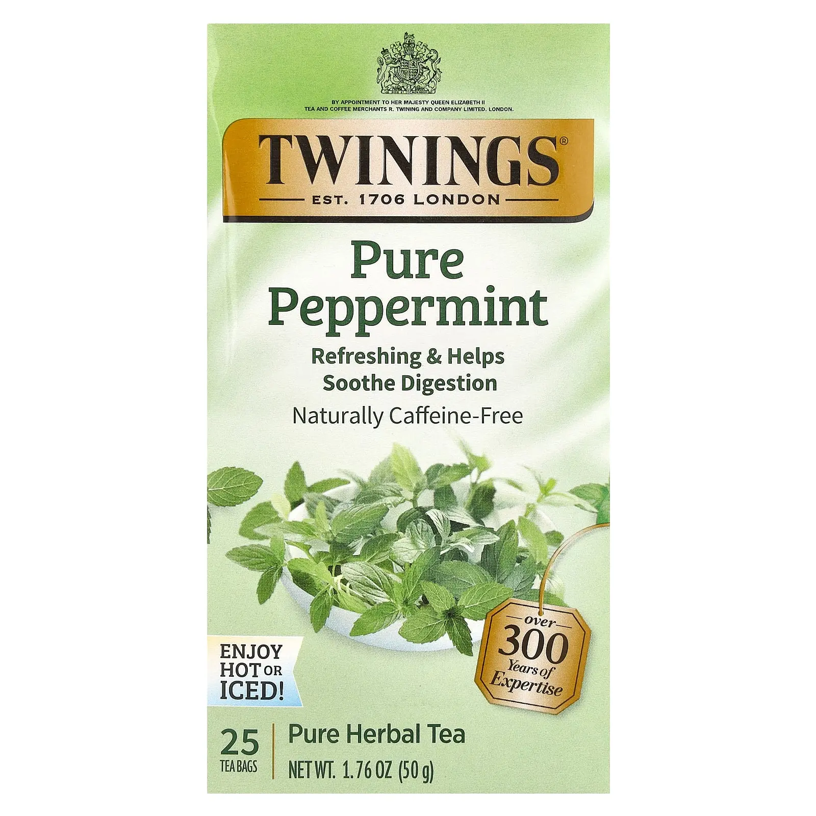 Twinings Pure Herbal Tea, Pure Peppermint, Caffeine Free, 25 Tea Bags, 1.76 oz (50 g)