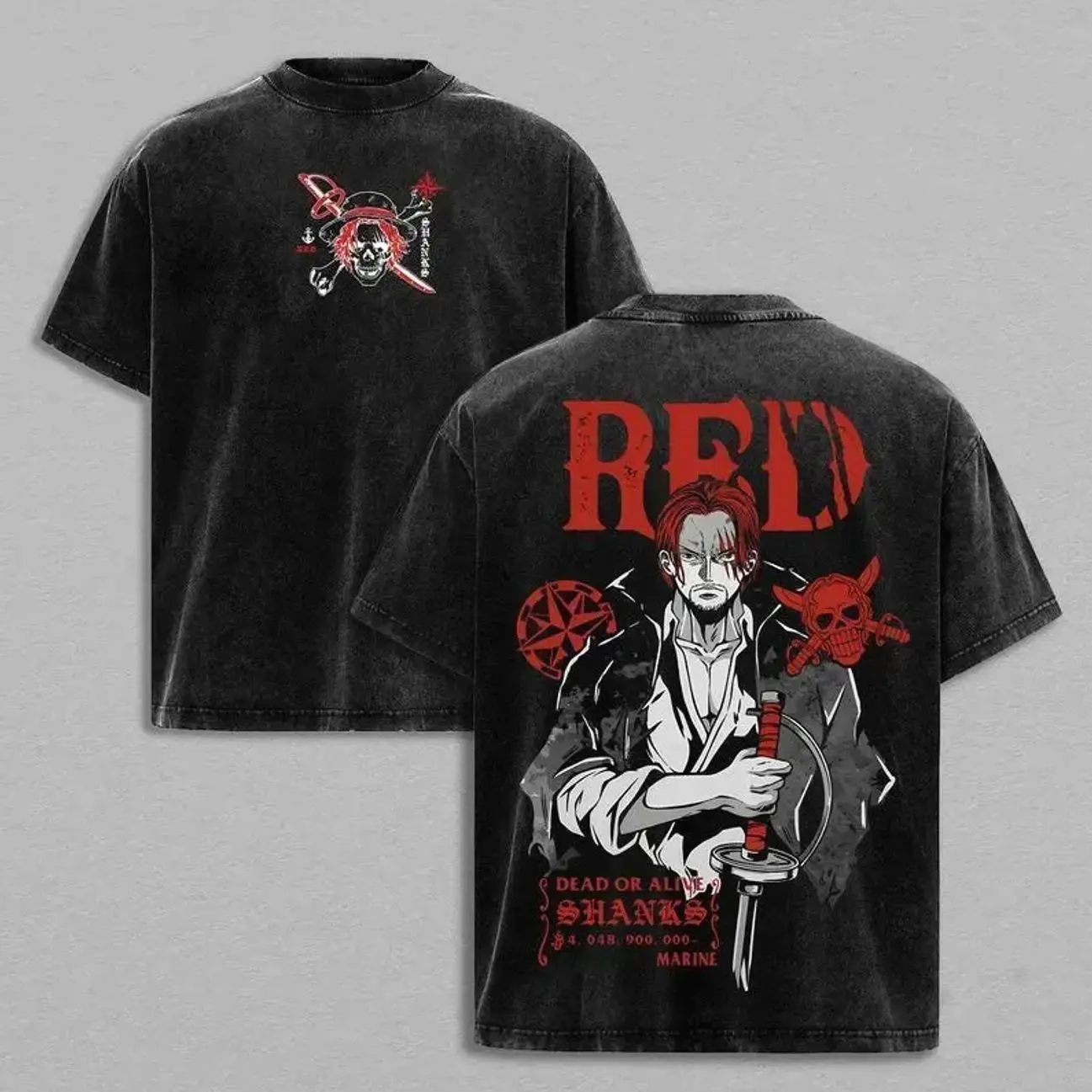 Shanks Red One Piece Y2K Grunge Vintage Washed T-Shirt, Oversized Pirate Emperor Anime Clothing Tee, Heavy Cotton Retro Streetwear Shirt Gym Pump Cover Graphic Top, Gift for One Piece Fans F7T