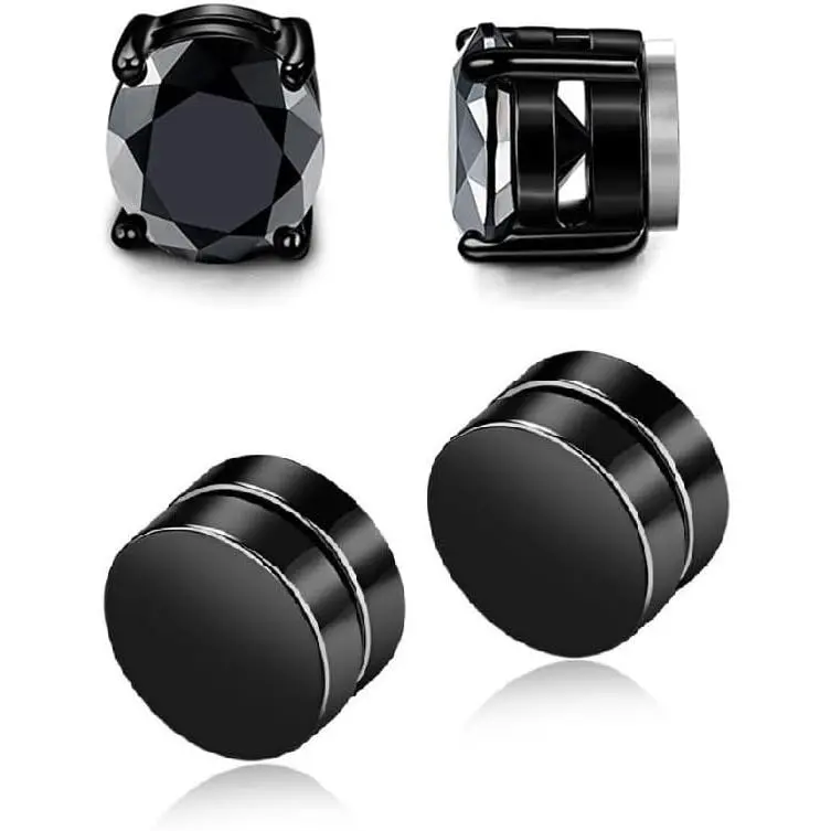 Stainless Steel Magnetic Non-piercing Biker Stud Earrings Set Piercing Huggie Small Hoop Surgical Steel Earring Stud Set Cubic Zirconia Hypoallergenic Earring for Mens Women