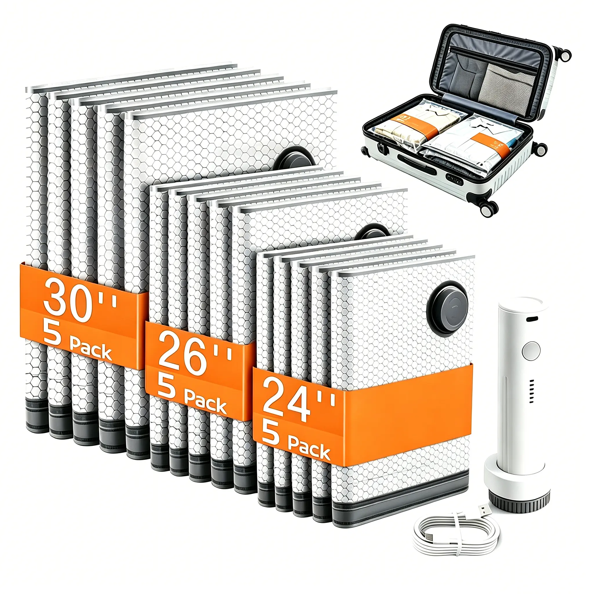 【Summer Sale Deals】2026 Upgraded Cordless Travel Vacuum Bag Set with Rechargeable Air Pump -15-Pack Space Saving Storage Bags, Airtight Resealing Sealed Organizers for Luggage, Vacuum Bags For Travel,Waterproof Reusable Bags for Travel, Carry-On Suitcases