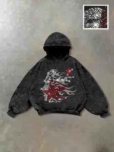 Men's Casual Hooded Sweatshirt, Rhinestone Flame & Stars, Loose Fit, Layering, Denim & Workwear, Fall Fashion