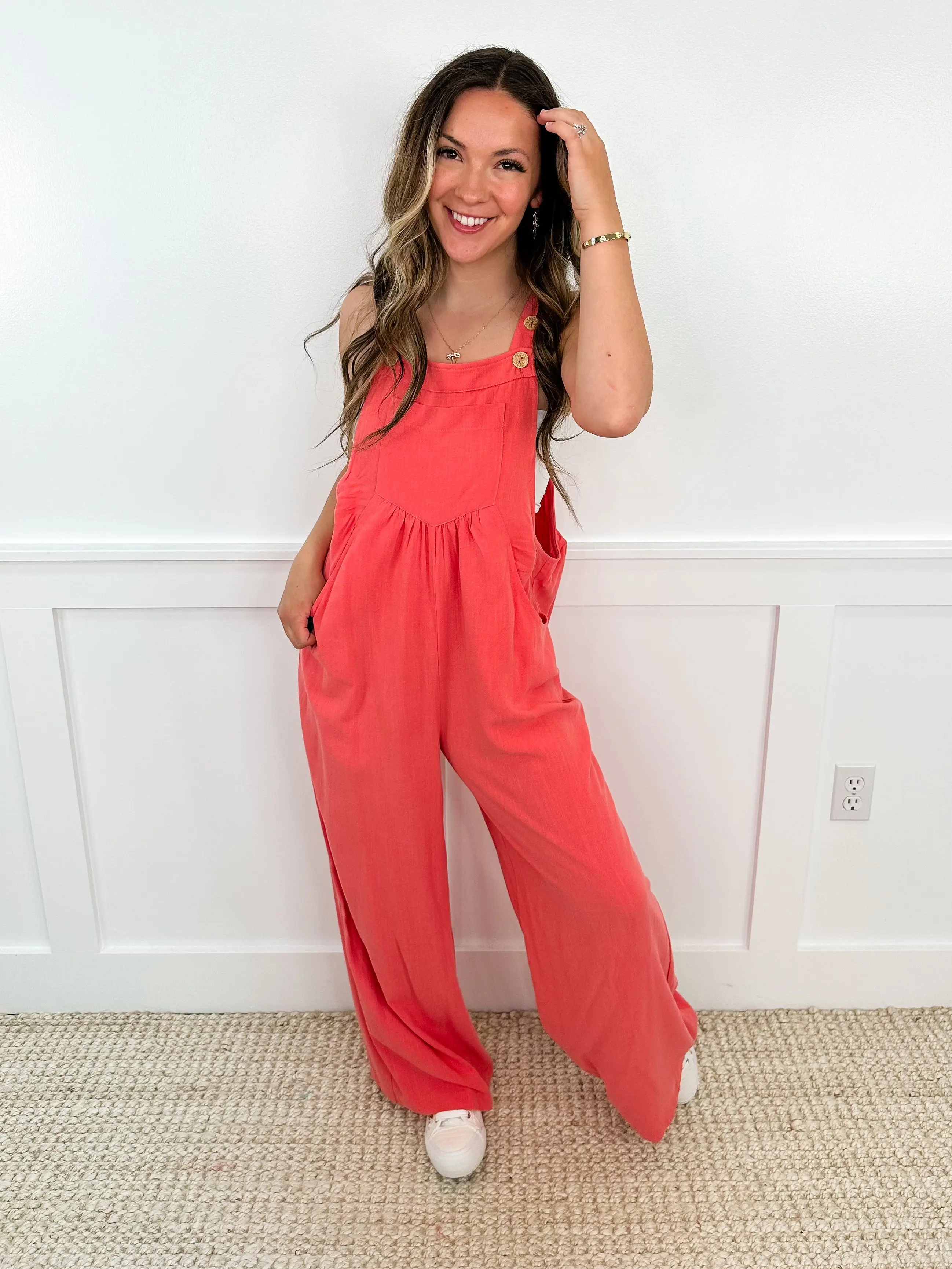 Women's Cute Button-Closure Rayon-Linen Blend Coral Avery Mae Overalls Set, Adjustable Straps, Wide Leg Bottom, Matching Top, Comfortable Flattering Fit, Bright, 1Xl, 2Xl, 3Xl, Lightweight, Pockets, Strap Adjust, True To Fit