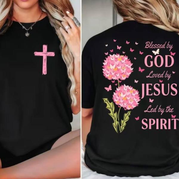 Comfort Colors Blessed By God, Loved By Jesus, Led By The Spirit T-shirt, 2 Sided Tee, Casual Street Style Crew Neck T-Shirt ,Tops Trendy for Women