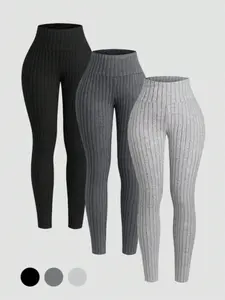 Women's Solid Ribbed Skinny Pants, Casual Comfy Warm Leggings for Daily Wear, Ladies Bottoms for Summer