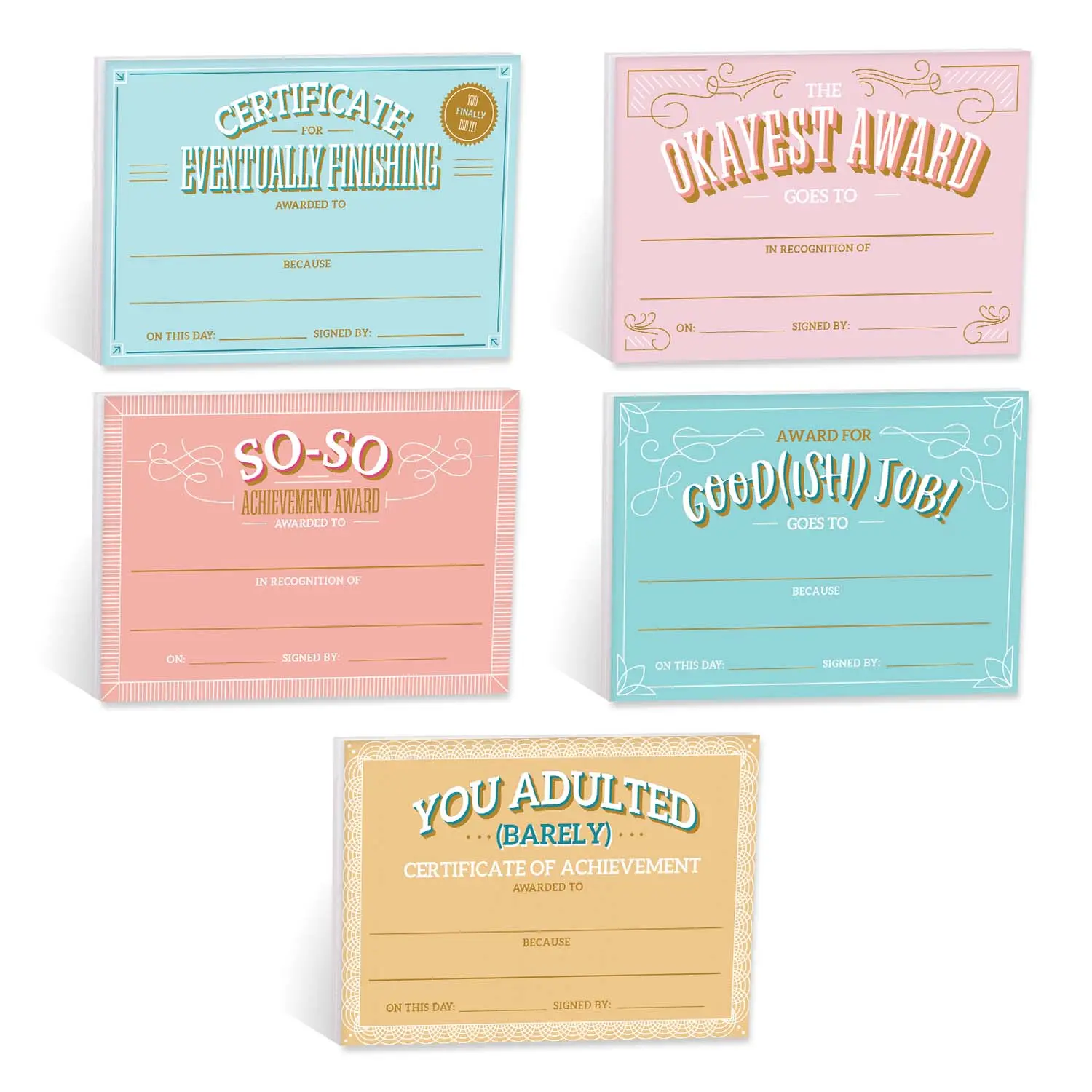 Snarky Achievement Certificate Fill In Sticky Note Pads / 6" x 4" Repositionable Office Humor Award Pads / 50 Sheets Per Pad / Set Of 5 / Made In USA