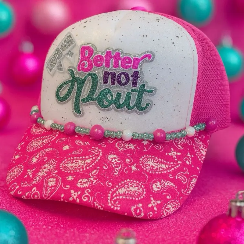 Better Not Pout Christmas Hat  Pink + aqua holiday sparkle with handmade beaded trim! This one is EXTRA cute for Christmas pics, parties, and gift giving