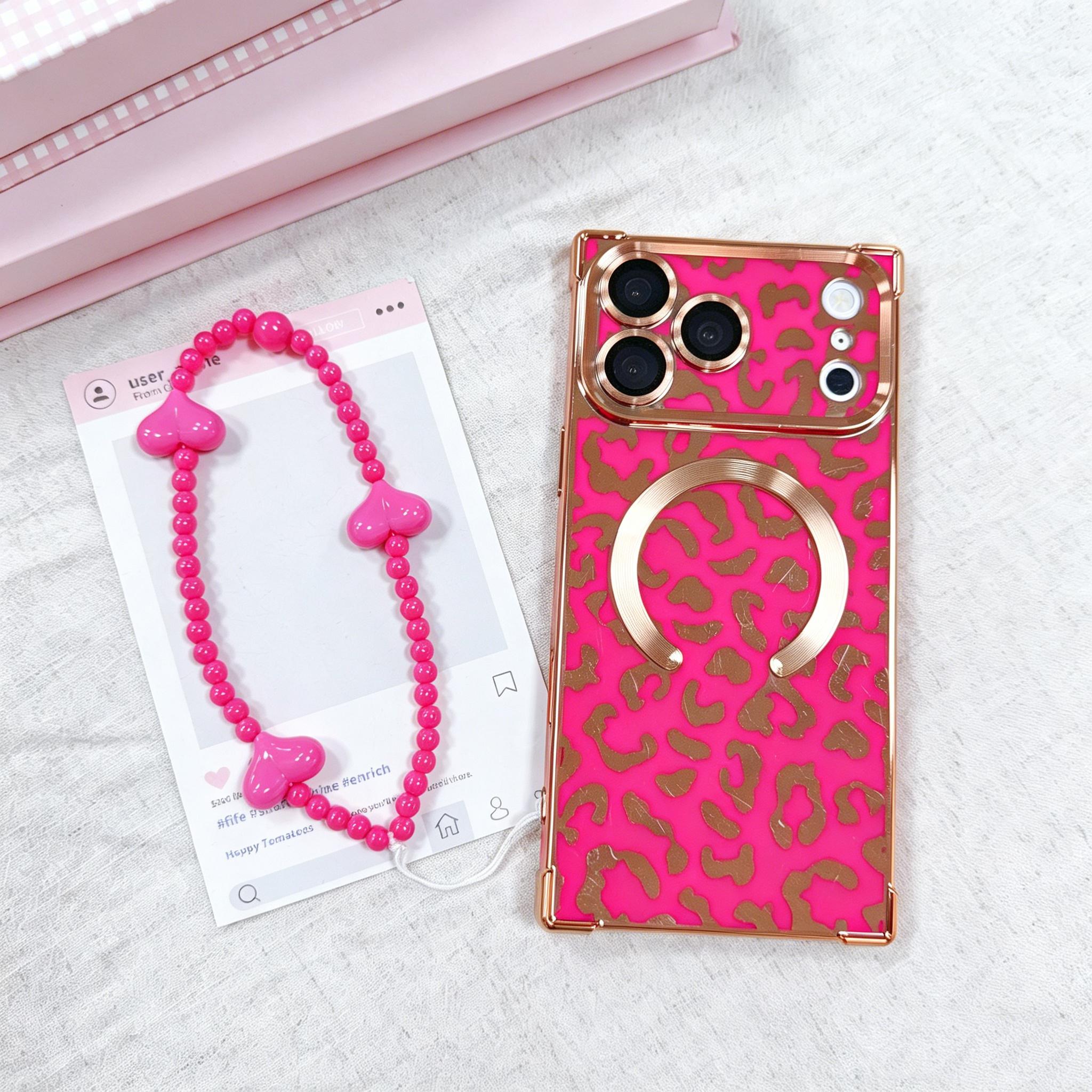 High-end leopard print glossy square smartphone case with matching beaded bracelet and heart bracelet, three-piece set, compatible with MagSafe, full-body protection for iPhone 17, 16, 15, 14, 13 Pro Max phone case, phone accessories