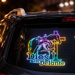 Christian Western Faith Car Decal - Dios Por Delante Praying Cowboy at Cross Holographic Sticker