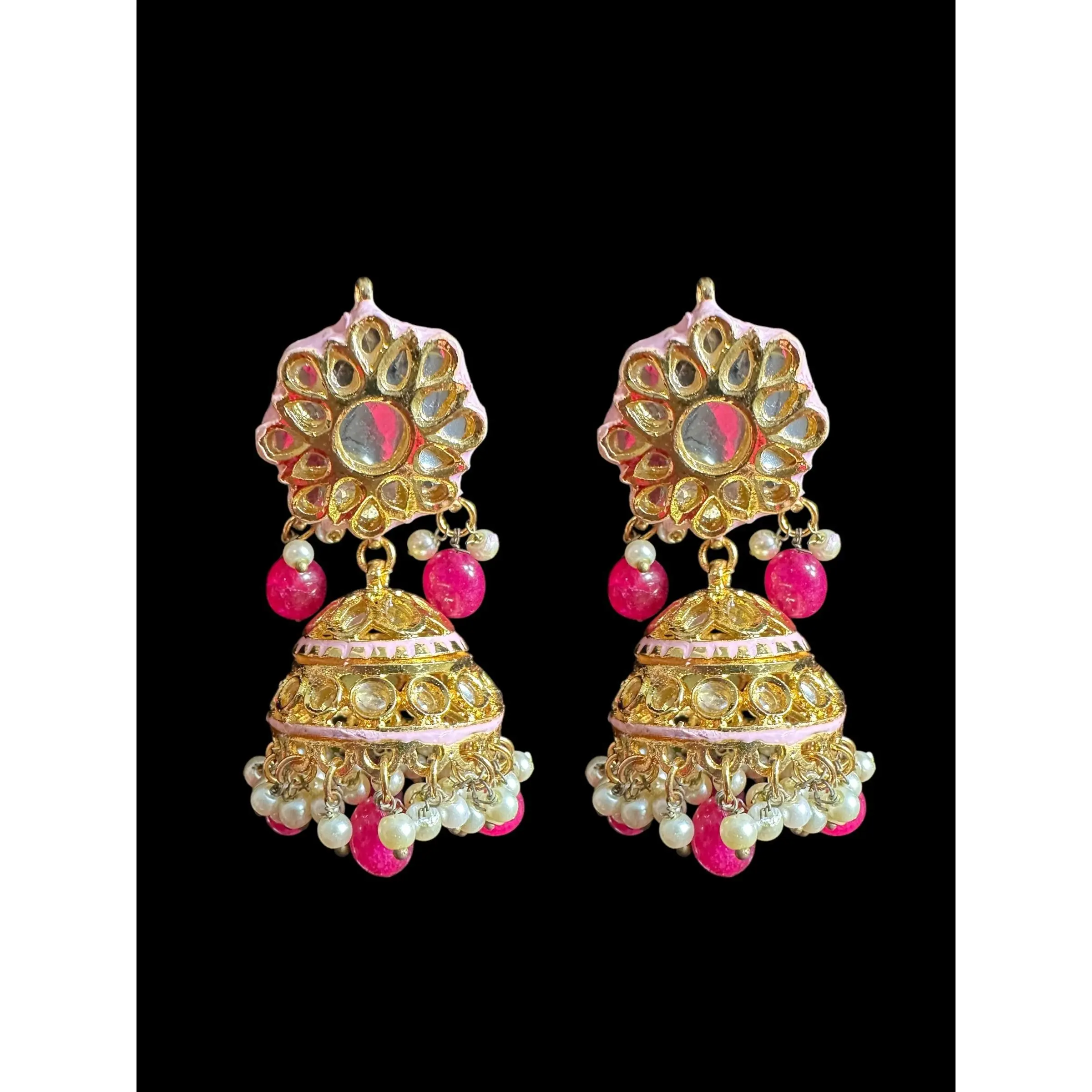 Kundan and meenakari jhumka - pink  ( READY TO SHIP )