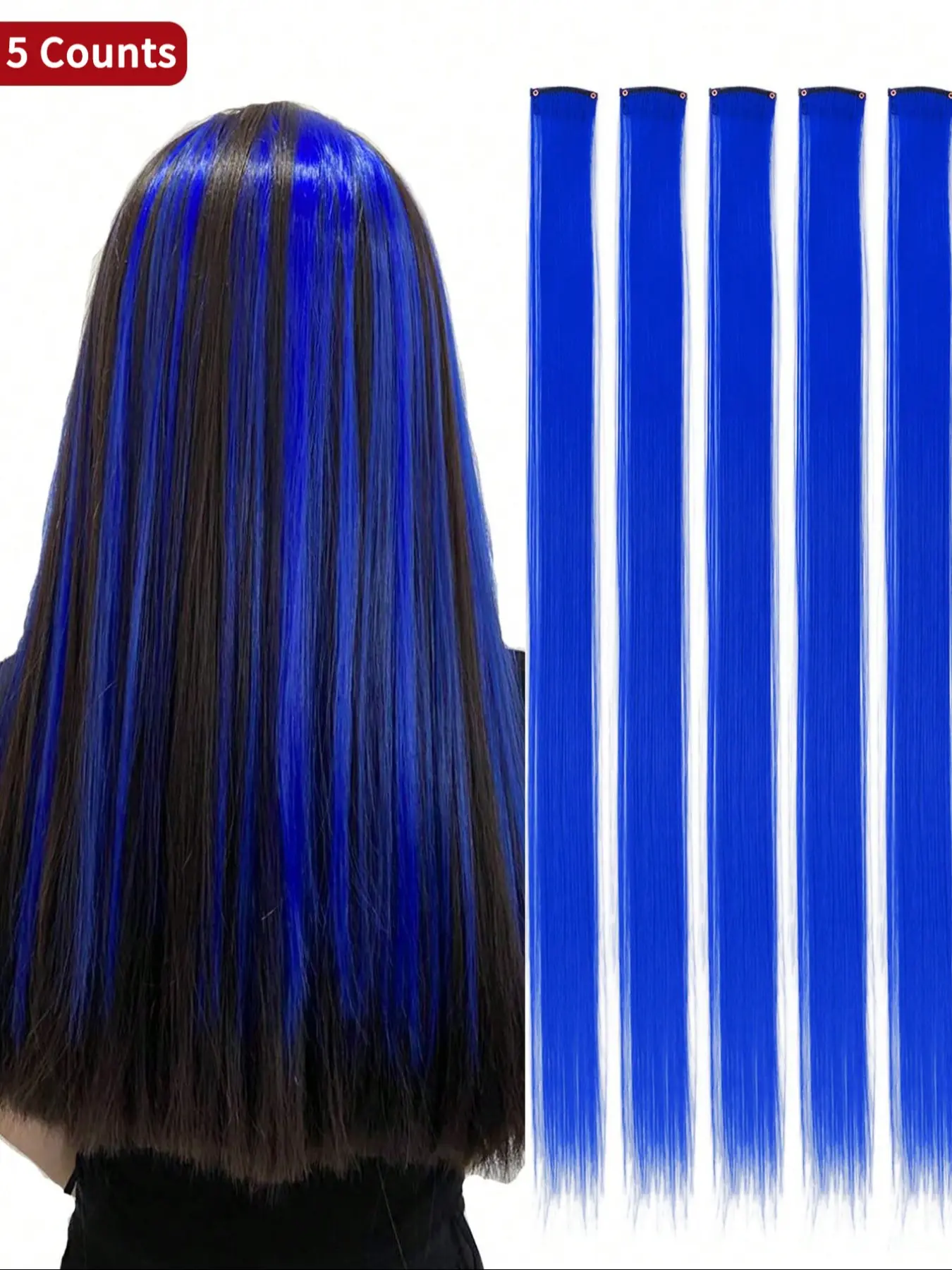 5 Pcs Red/Blue/Pink/Wine Red Clip-In Glueless Synthetic Hair Extensions, 20 Inch Long Straight Hairpieces, Soft Colored Hair Pieces for Halloween Cosplay, Dress Up and Fashion Parties