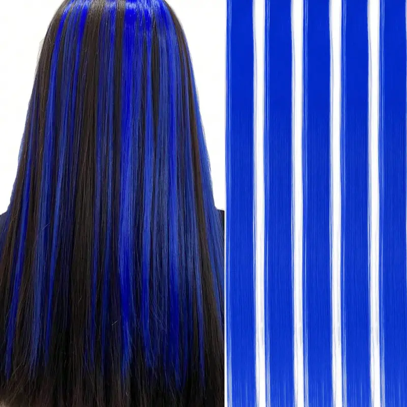 5 Pcs Red/Blue/Pink/Wine Red Clip-In Glueless Synthetic Hair Extensions, Artificial Hair Extension, 20 Inch Long Straight Hairpieces, Soft Colored Hair Pieces for Halloween Cosplay, Dress Up and Fashion Parties
