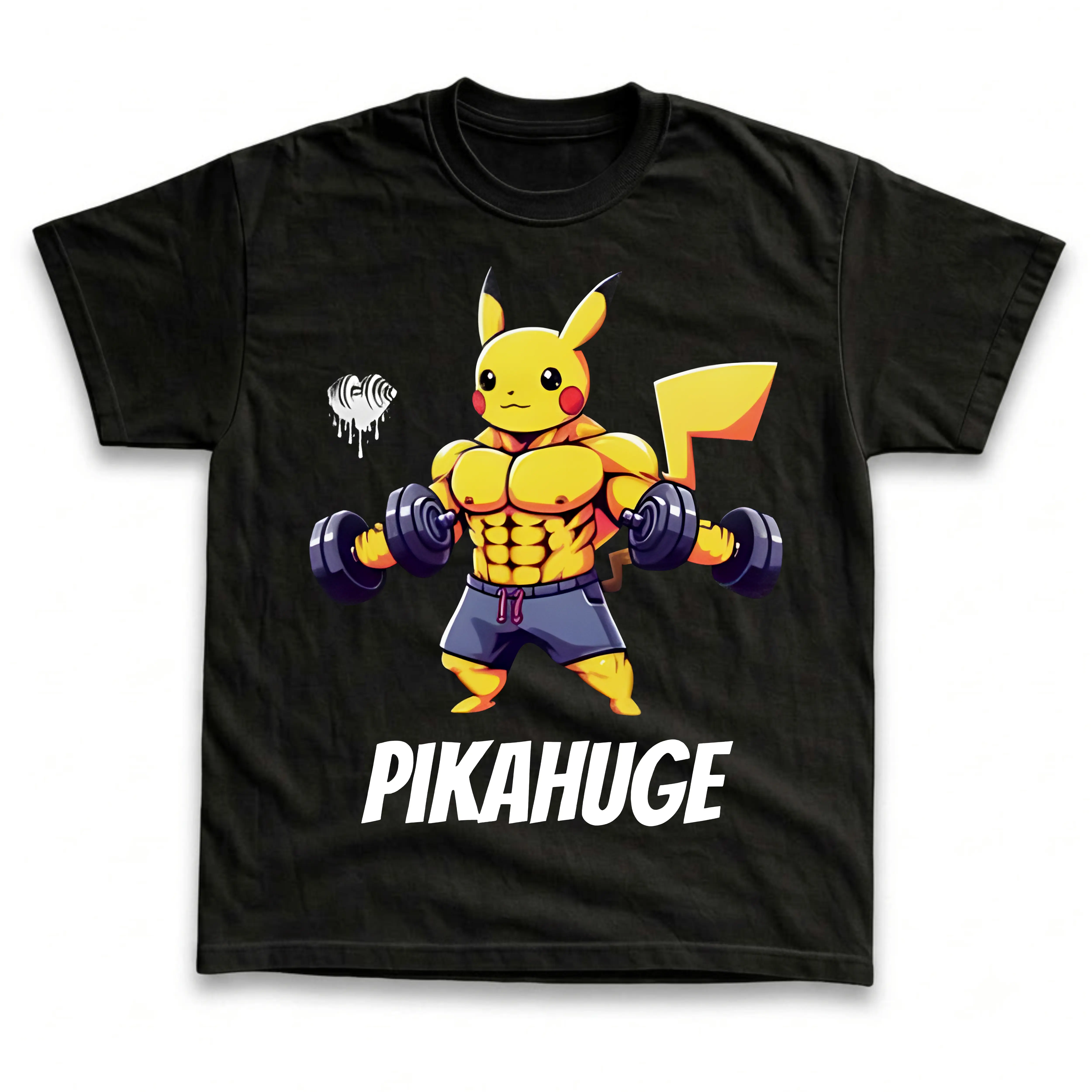 Men's and Women's T-Shirts, Vintage Muscular Yellow Mouse Dumbbell Gym Graphic Tee, Funny Anime Fitness Workout Parody, Retro Harajuku Streetwear Unisex Tee, Trendy Casual Crewneck Top, Cool Gym Bodybuilding Gear, Unique Gamer Otaku Gift Idea