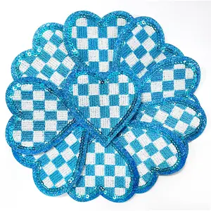 10Pcs Blue Sequin Heart Embroidered Applique Iron On Patches Checkerboard Cute DIY Project Accessories for Clothing Jackets