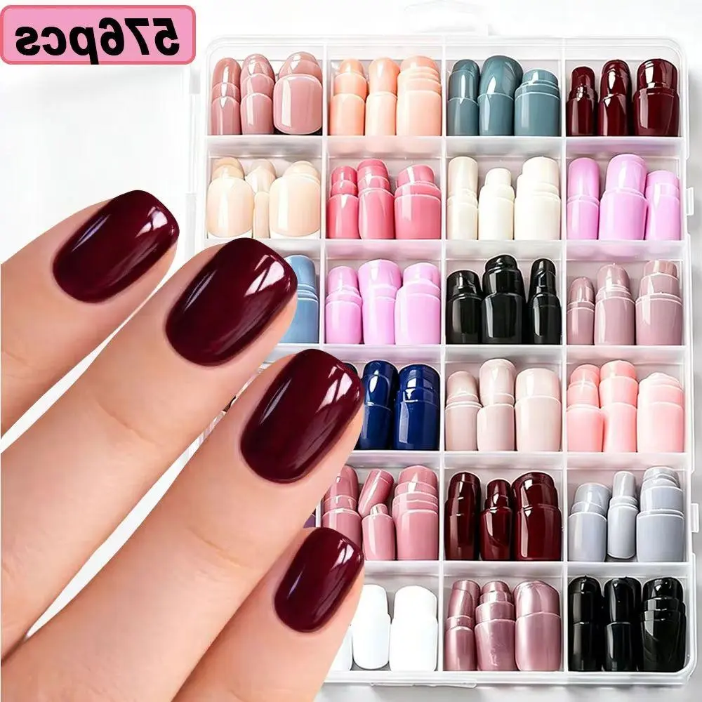 576pcs Glossy Solid Red Pink Brown False Nails 24colors Colorful Short Square Press On Nails White Black French Tip Fake Nails #
