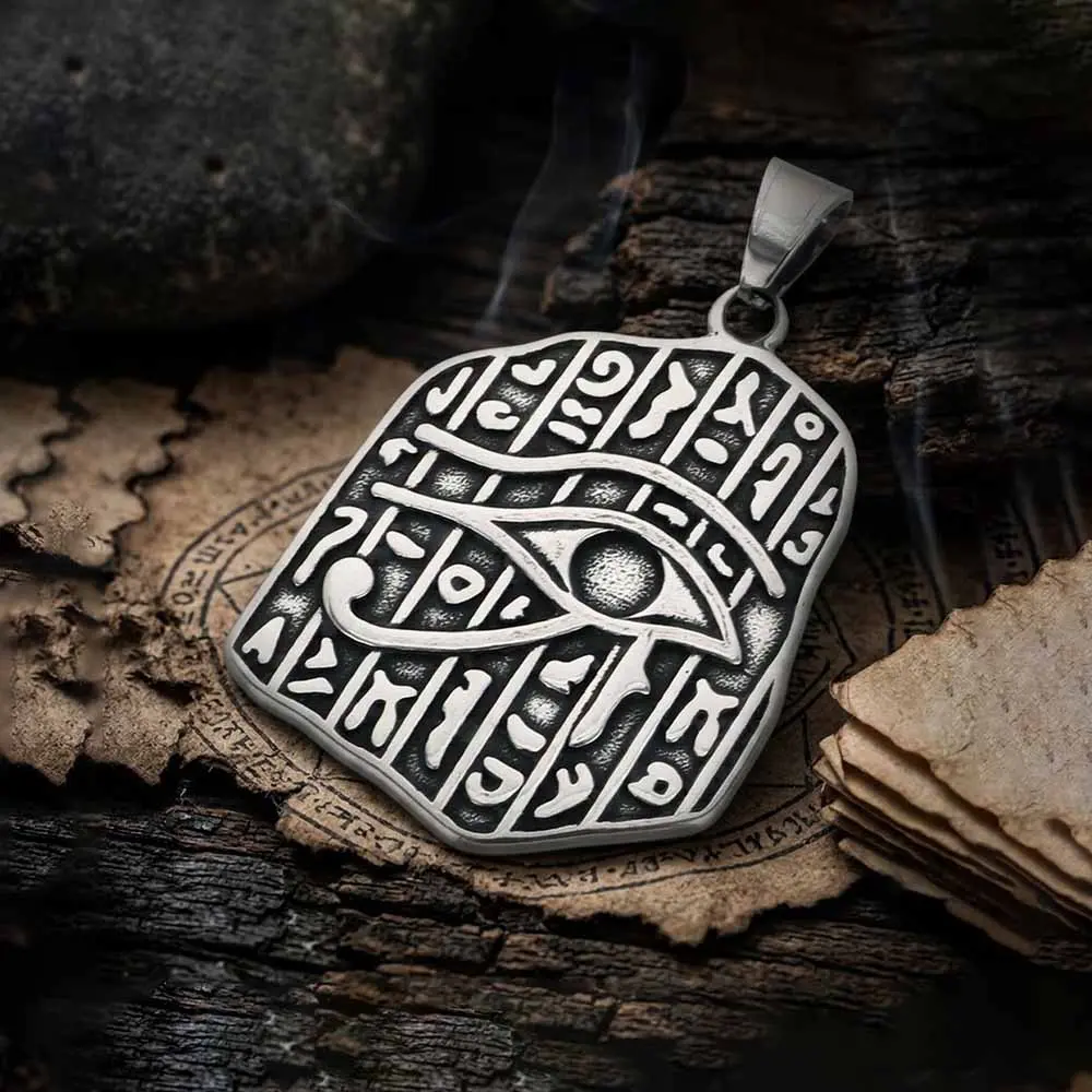 GTHIC Antique Eye of Horus Pattern Stainless Steel Egyptian Amulet Pendant Unique Spiritual Neck Ornament Travel Vacations & Gothic Party Styling