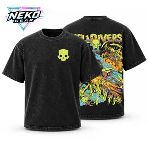 Neko Gear Helldivers 2 Men's Oversized Ribbed Garment-Dyed Vintage Washed Graphic Print T-Shirt, Aesthetic Breathable Casual Short-Sleeve Sci-Fi Gaming Apparel